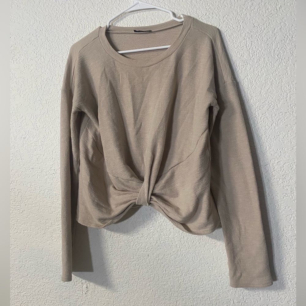 Very J Beige Knotted Front long Sleeve Casual Sporty Cotton blend top